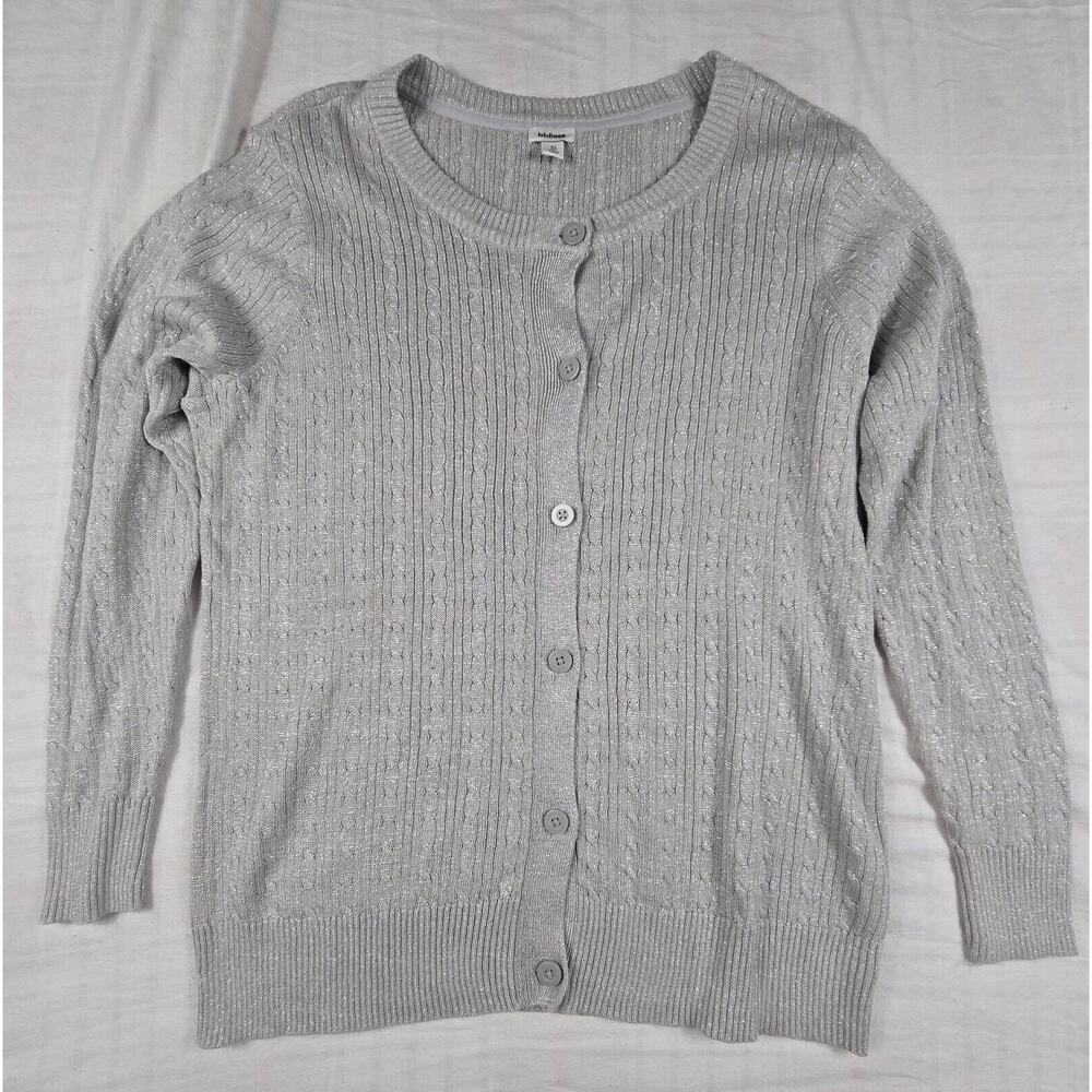 LL Bean Womens Cable Knit Button Cardigan Lightweight Gray Metallic XL